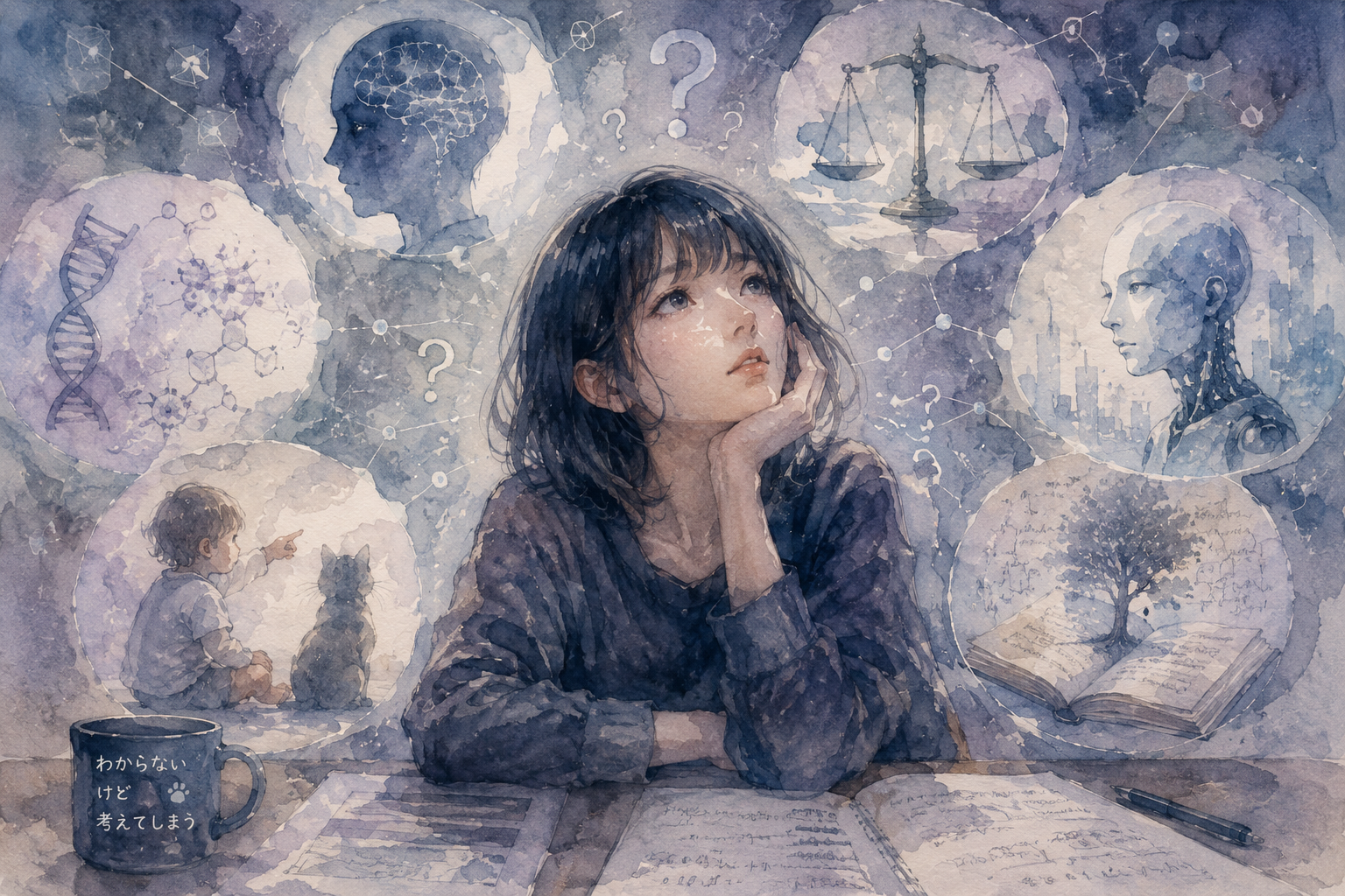 人間、AI、DNA、機械、子どもと猫などの概念に囲まれ、考え込む人物を描いた青紫色の水彩画調イラスト。