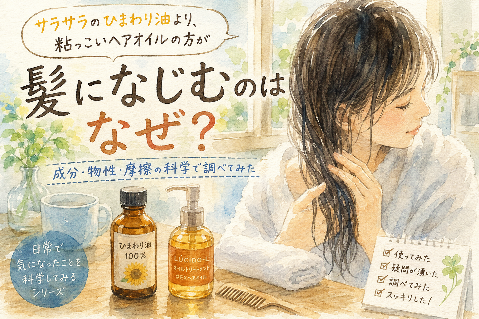 濡れた髪にヘアオイルをなじませる日常の様子を描いた水彩画