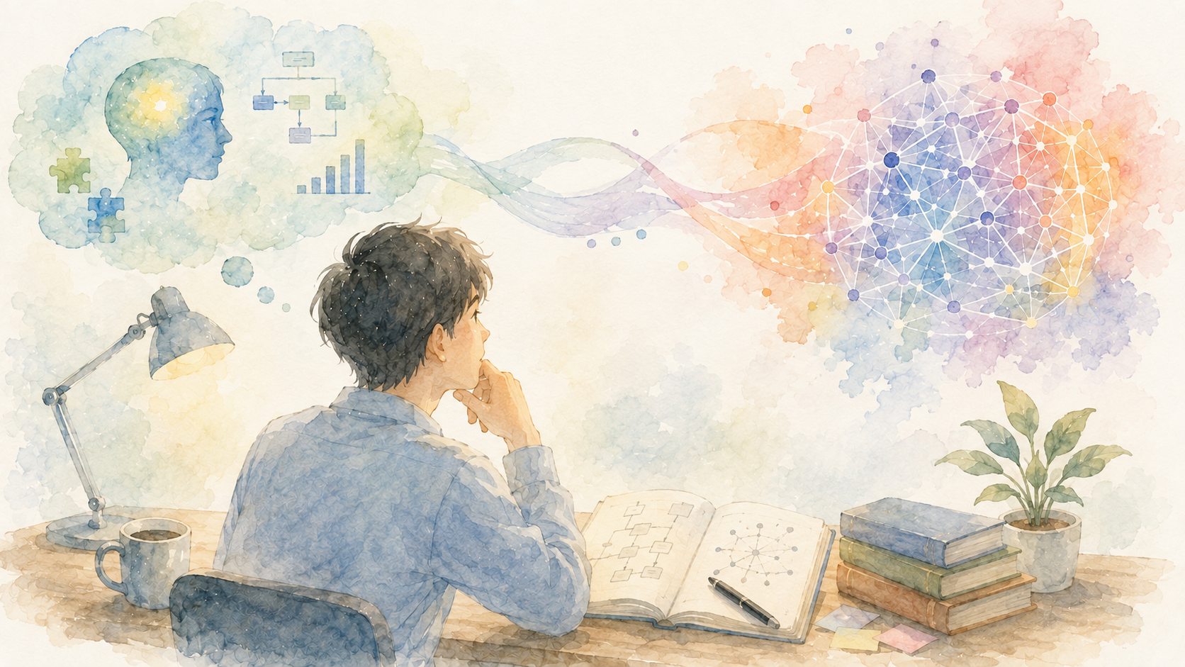 人間の思考とAIのネットワークをつなぐ様子を描いた水彩画調のイラスト