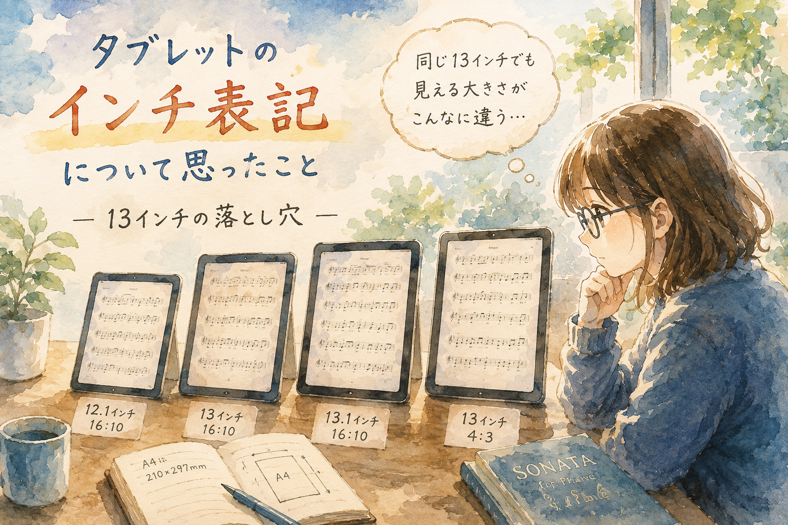 楽譜を表示した複数のタブレットを見比べながら、画面サイズと縦横比について考える人物を描いた水彩画調のイラスト