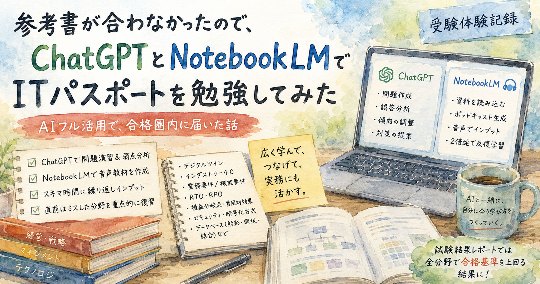 ChatGPTとNotebookLMを使ったITパスポート受験体験を描いた横長の水彩画風サムネイル。AI学習、音声教材、合格基準到達を表現している。