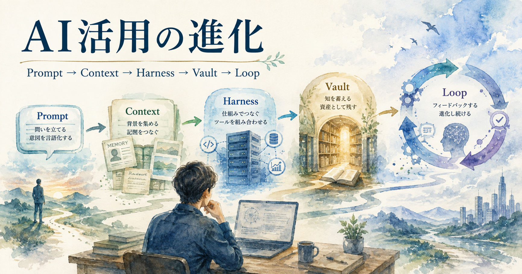 AI活用の進化をPrompt、Context、Harness、Vault、Loopの流れで描いた水彩画調サムネイル