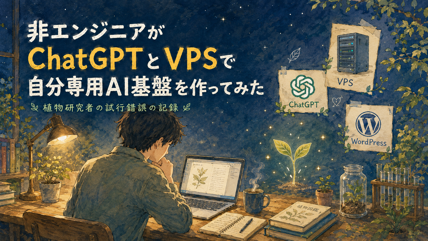 植物研究者がChatGPTとVPSで自分専用AI基盤を作る様子を描いたイラスト