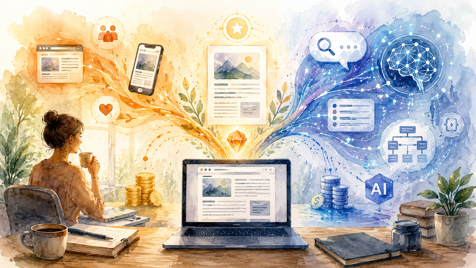 人間向けのWebとAI向けの情報利用へ分岐する知識の流れを描いた水彩画