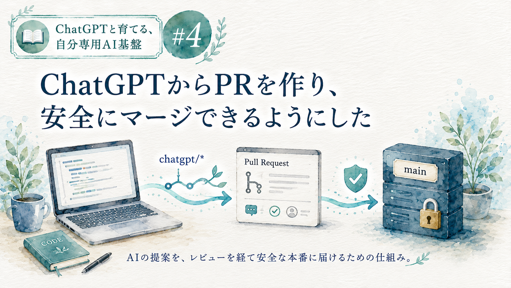 連載「ChatGPTと育てる、自分専用AI基盤」第4回。chatgpt/*ブランチからPull Requestを経てmainへ安全にマージする流れを描いたシンプルな水彩画調サムネイル。