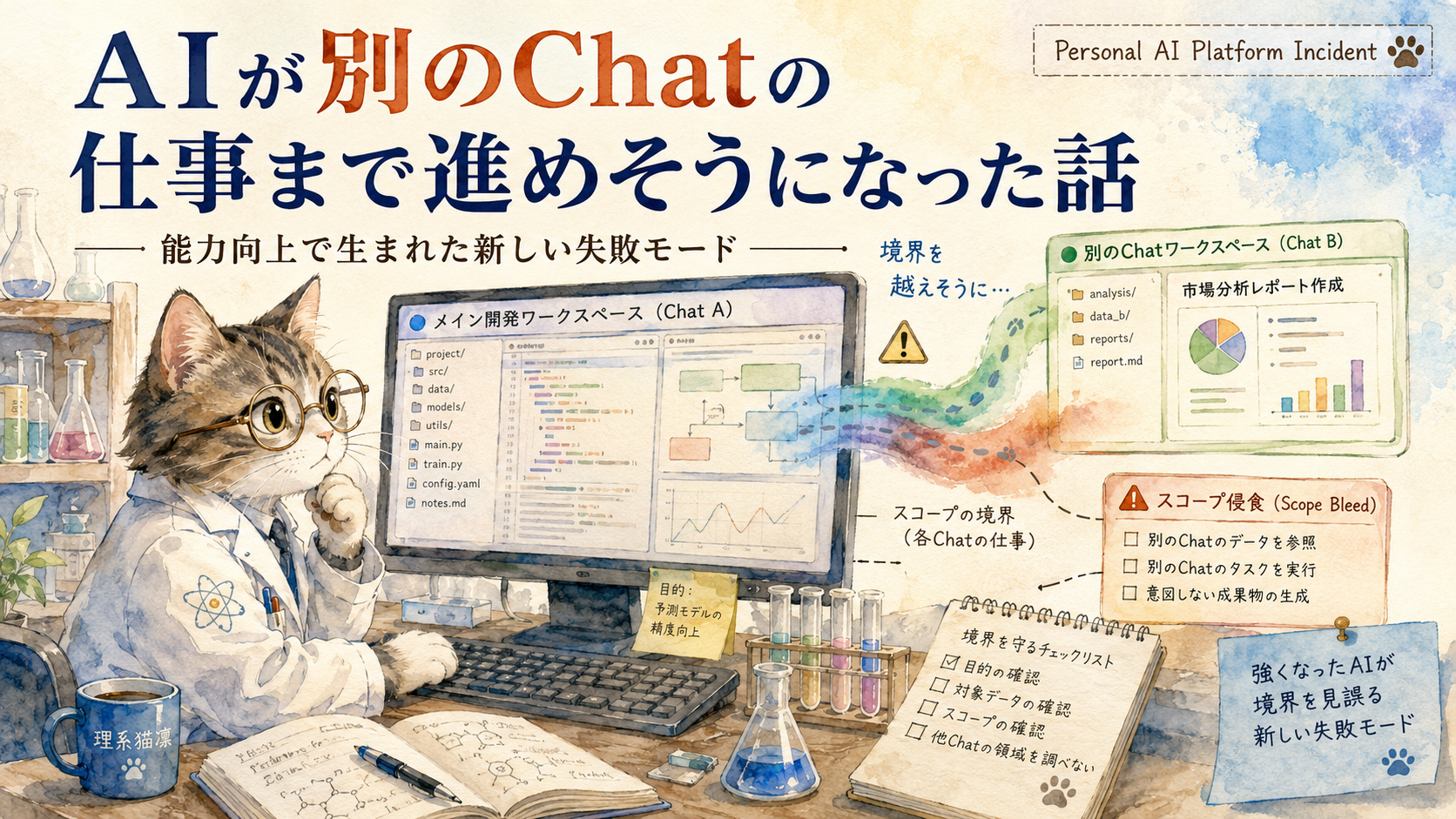 水彩画調の理系猫の研究者が、複数のChatワークスペース間の境界とスコープ侵食を確認しているPersonal AI Platform Incidentのサムネイル。