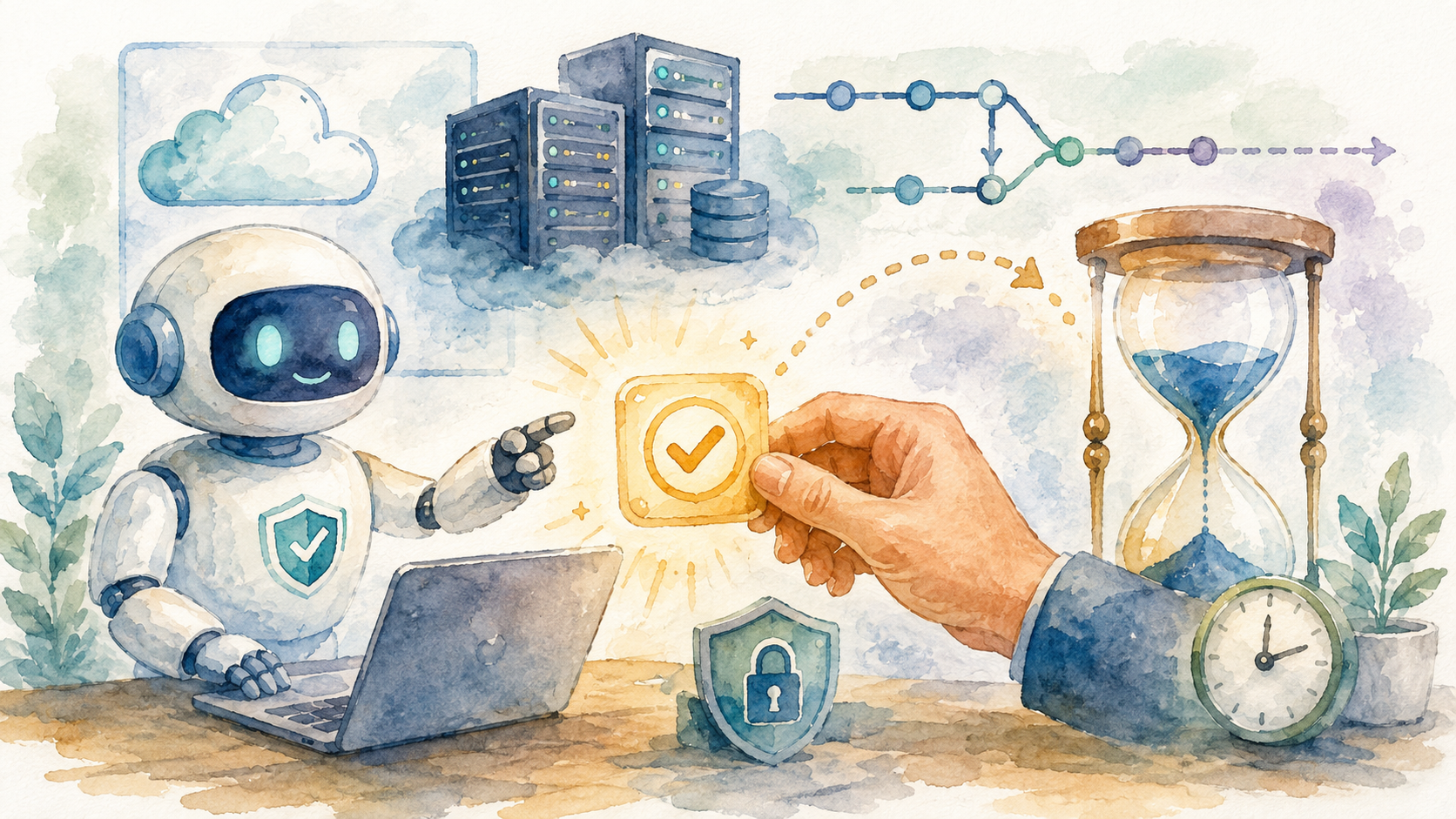 AIエージェントへの承認と、本番デプロイの時間制限を表現した水彩画風イラスト
