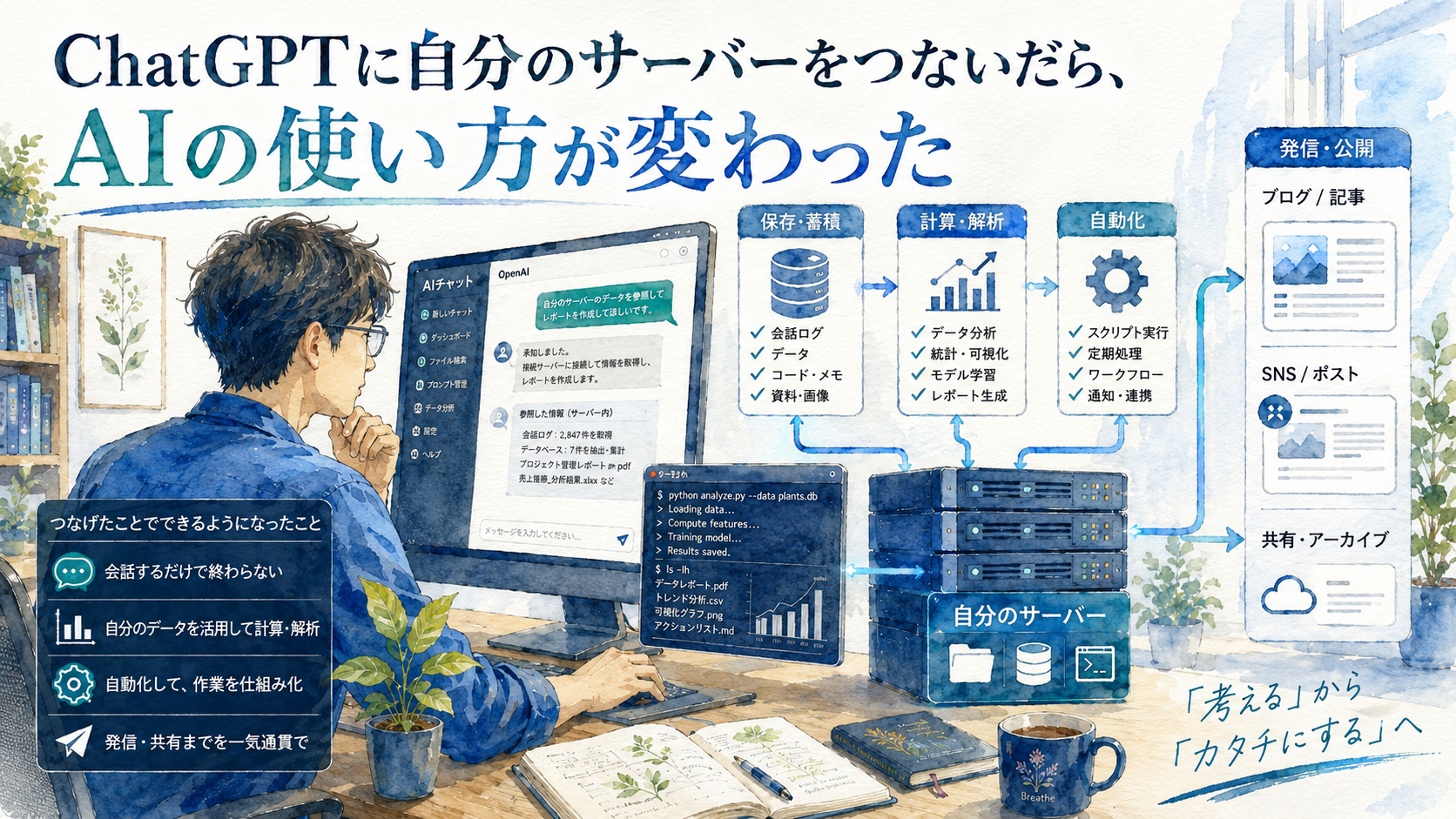 ChatGPTと自分のサーバーをつなぎ、保存・計算・自動化・発信までがつながった様子を描いた水彩画調のイラスト