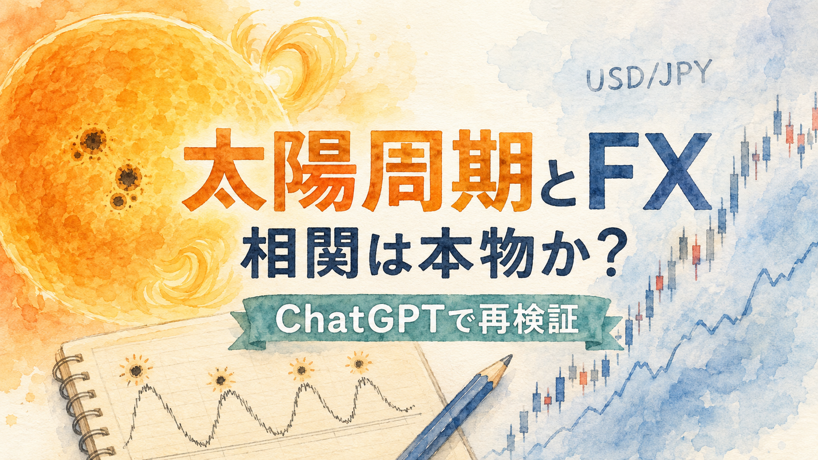 水彩画風の太陽とドル円チャートに「太陽周期とFX 相関は本物か？ ChatGPTで再検証」と描いた記事サムネイル