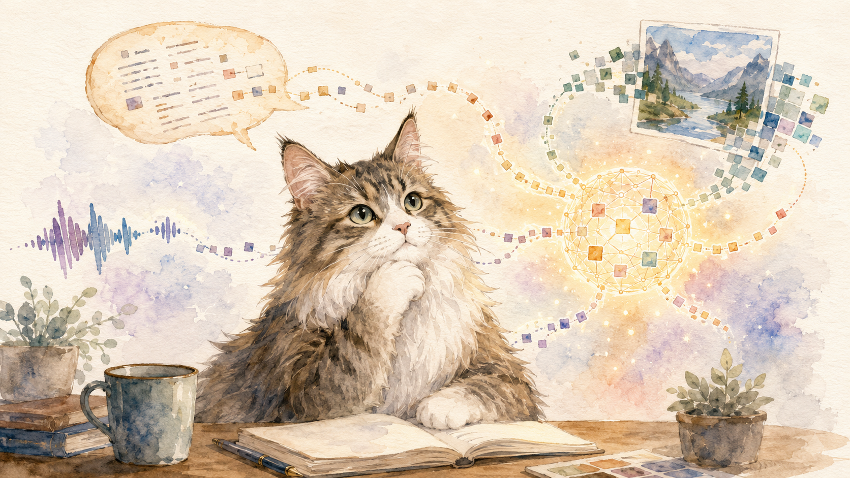 水彩画調で、考え込む長毛猫の周囲にテキスト、音声波形、画像の断片が浮かび、それぞれの小さな四角いトークンが中央のAIネットワークへ流れ込むイラスト