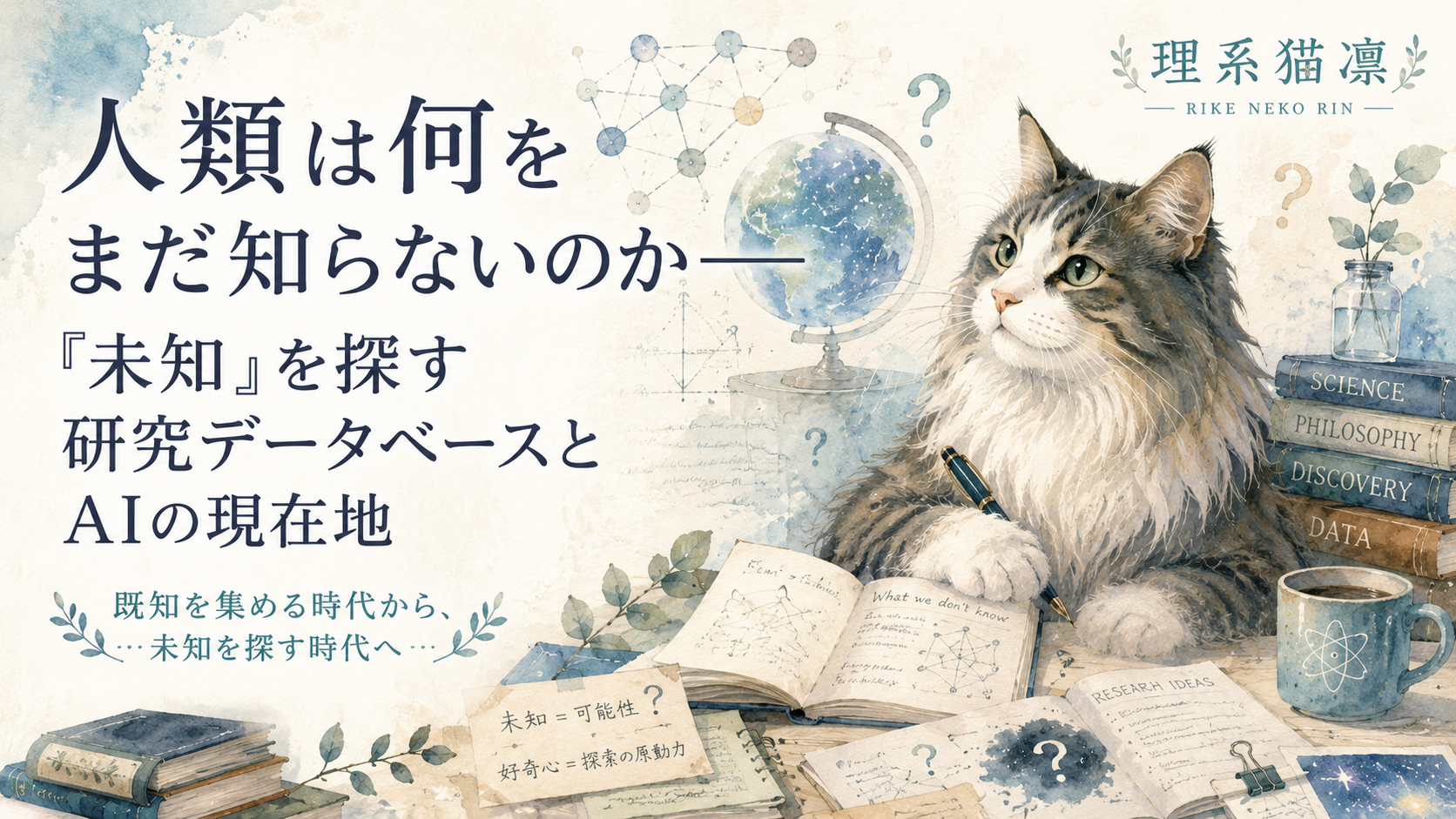 水彩画調の理系猫が研究机で地球儀や研究ノートを前に未知について考えているサムネイル。「人類は何をまだ知らないのか――『未知』を探す研究データベースとAIの現在地」の文字入り。