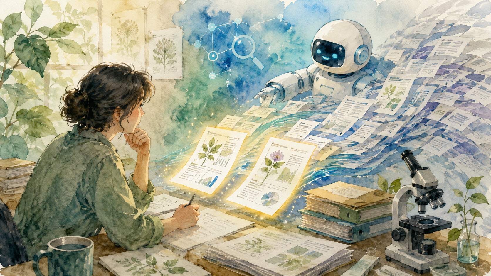植物科学の論文をAIが集め、人が選び取る様子を表現した水彩画風イラスト