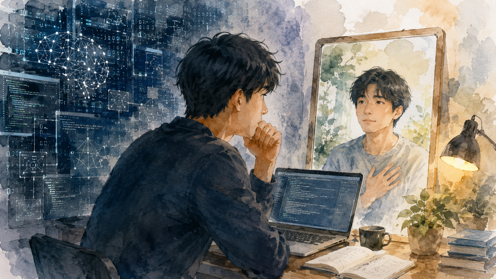 AIとサーバー開発を続ける中で、自分自身を鏡で見つめ直す人物を描いた水彩画調のイラスト