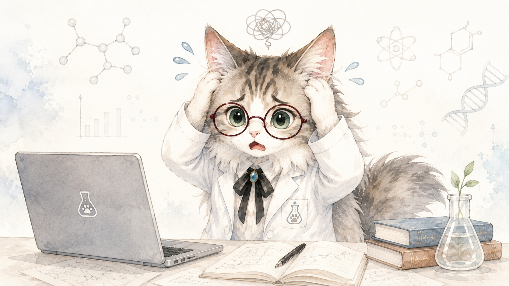 頭を抱える理系猫凛。ノートパソコンと研究机の前で自動化システムの問題に気づいた様子を描いた水彩画。