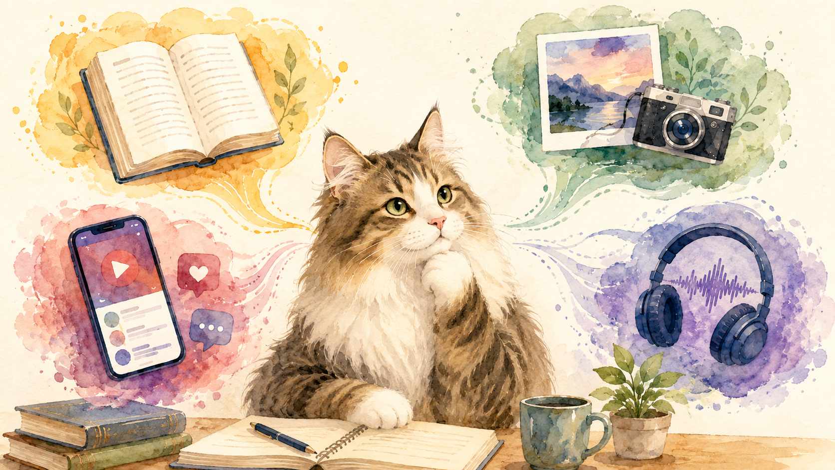 水彩画調で、考え込む猫の周囲に本、写真とカメラ、動画を示すスマートフォン、音声を示すヘッドホンが浮かぶイラスト
