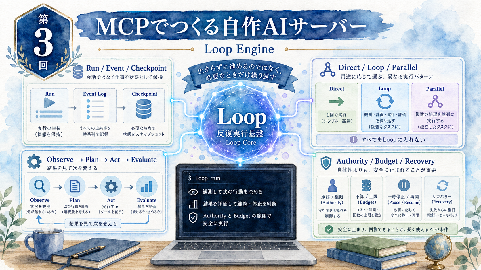 水彩画調で、Run / Event / Checkpoint、Observe→Plan→Act→Evaluate、Direct / Loop / Parallel、Authority / Budget / Recoveryを描いた「MCPでつくる自作AIサーバー 第3回 Loop Engine」のサムネイル。