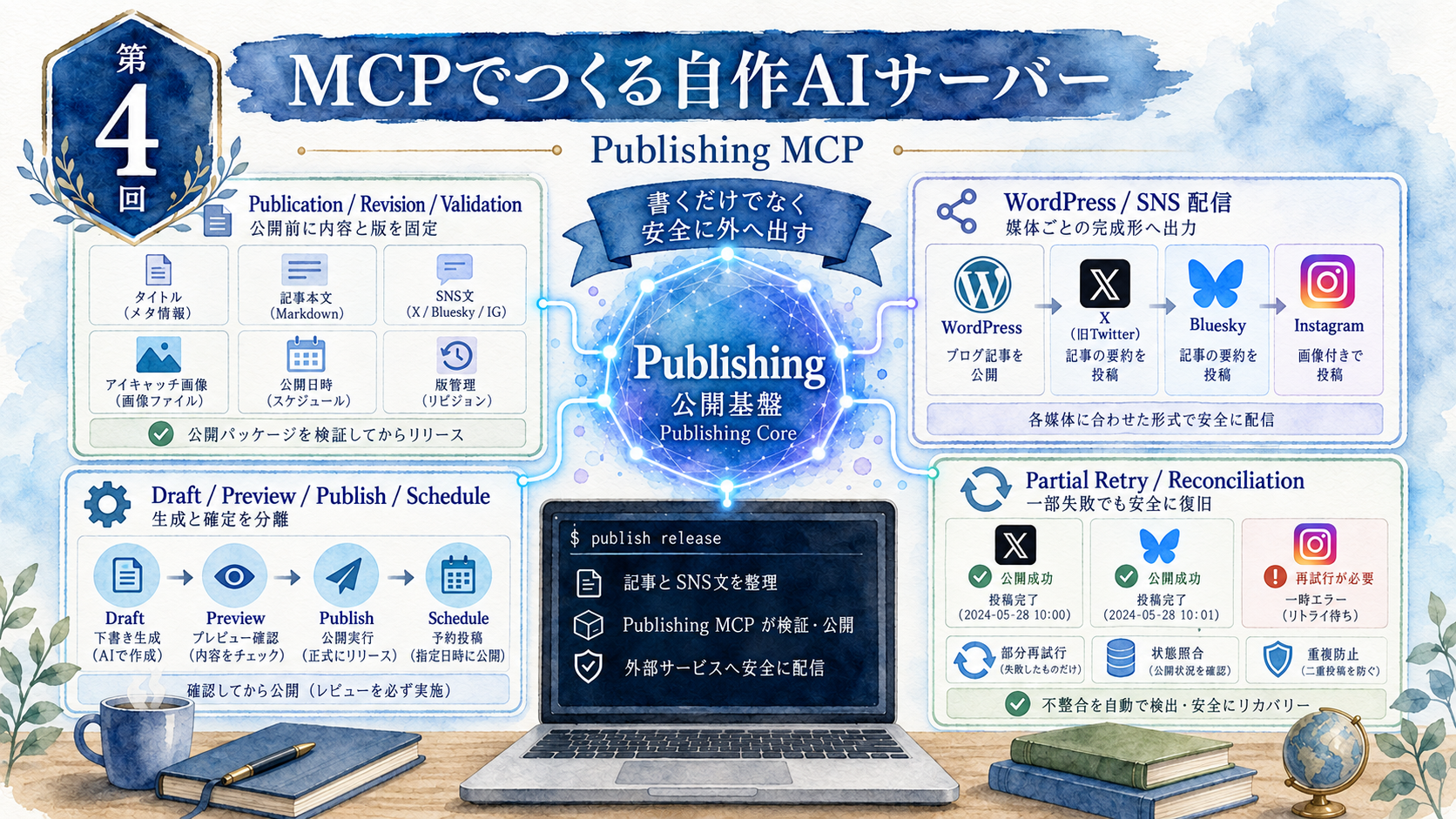 水彩画調で、Publication / Revision / Validation、Draft / Preview / Publish / Schedule、WordPress / SNS配信、Partial Retry / Reconciliationを描いた「MCPでつくる自作AIサーバー 第4回 Publishing MCP」のサムネイル。