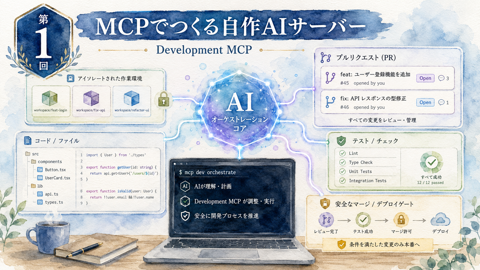 水彩画調で、AIを中心にworkspace、コード、テスト、Pull Request、マージ・デプロイの流れを描いた「MCPでつくる自作AIサーバー 第1回 Development MCP」のサムネイル。