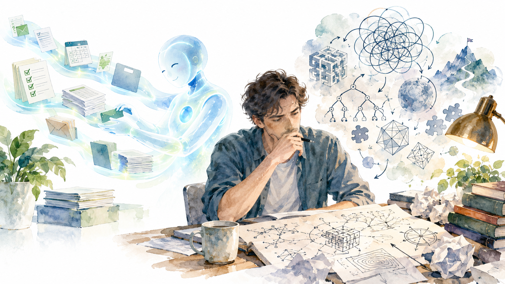 AIに定型作業を任せ、人間が複雑な判断に向き合う様子を描いた水彩画