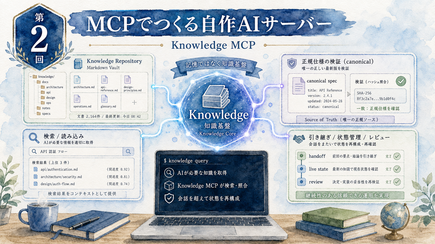 水彩画調で、Knowledge Repository、検索、canonical specification、handoff、live state確認を描いた「MCPでつくる自作AIサーバー 第2回 Knowledge MCP」のサムネイル。