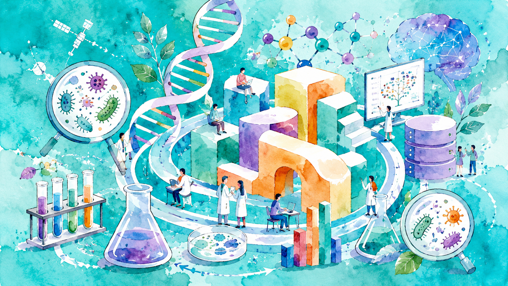 IIBMP2026のビジュアルを思わせるターコイズ、紫、オレンジを基調に、DNA、微生物、研究者、Server、AI、実験器具を水彩画調で描いたイメージ。