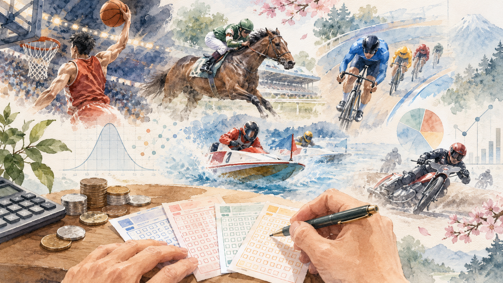 バスケットボール、競馬、競輪、ボートレース、オートレースと確率計算を水彩画調で表現したイメージ