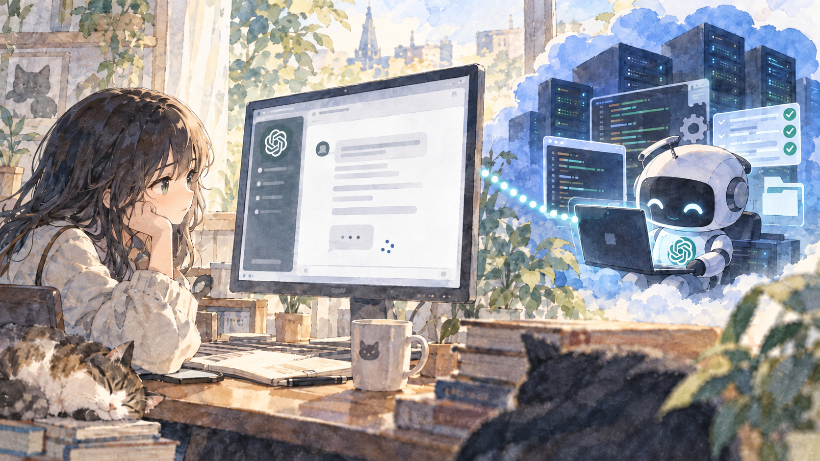 ChatGPTを制御盤として使い、Resident Codexが独立して開発を続ける様子を描いた水彩画調イラスト