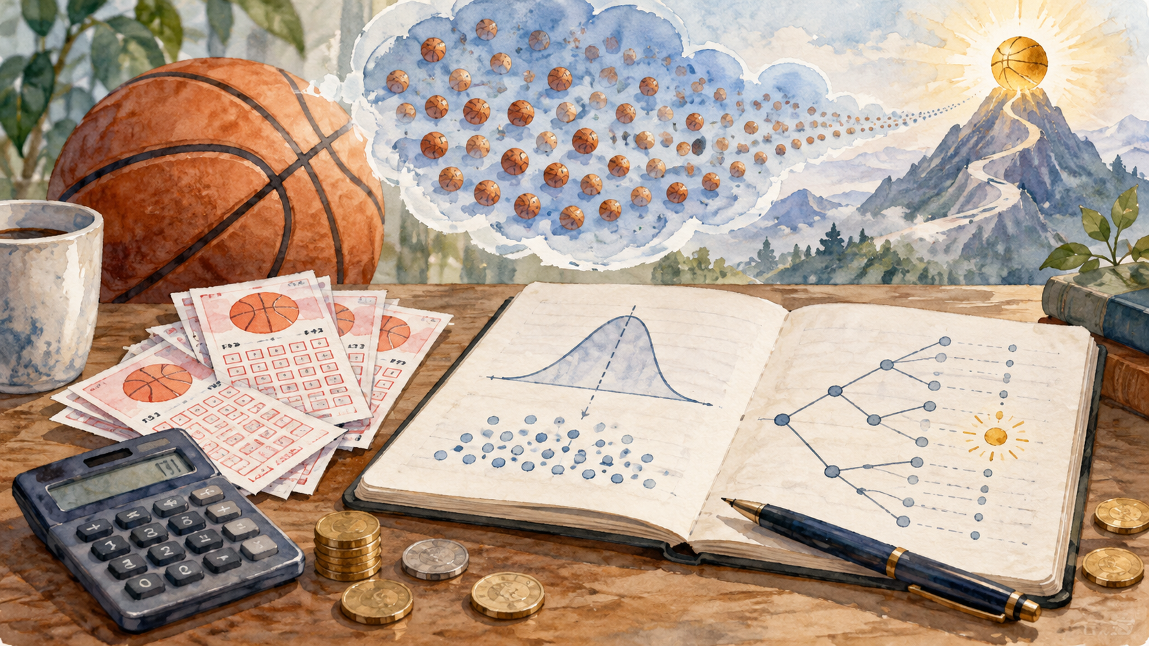 バスケットボール、くじ券、計算機、確率分布を描いた水彩画風のアイキャッチ。非常にまれな大当たりを山の頂上で表現。